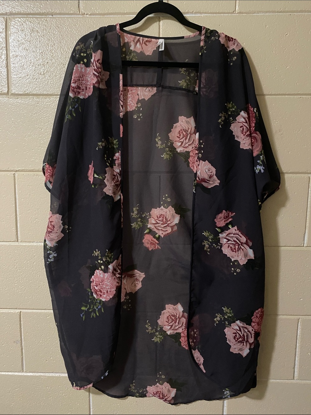 Live 4 Truth Black Sheer Floral Kimono with Pink Roses